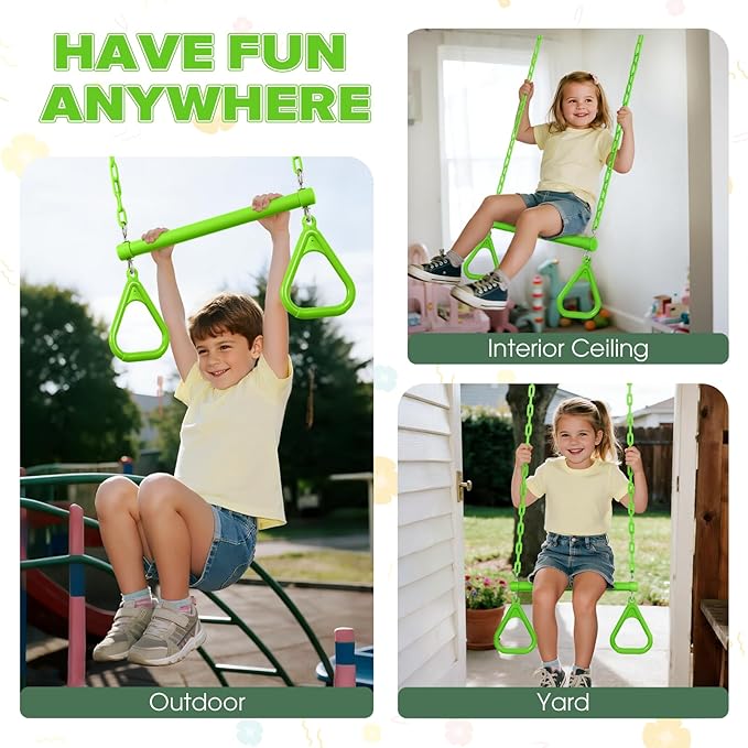 LadyRosian 17" Trapeze Bar Swing Set Gym Rings 47" Heavy Duty Chain Swing Set Accessories with Locking Carabiners Plastic Coated Chains Monkey Bars for Backyard, Playroom (Apple Green)