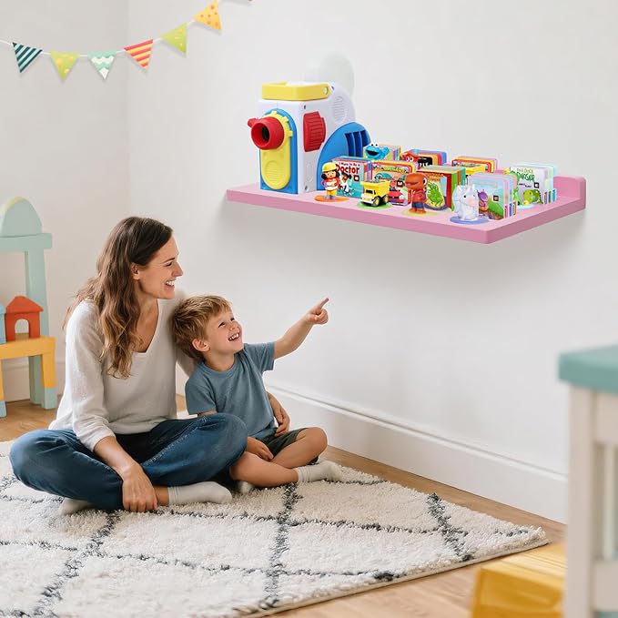 PHOENANCEE Floating Shelves for Little Tikes Story Dream Machine,Wall Shelf for Little Tikes Projector Books Audio Play Character Storage Tray Organizer for Toddlers and Kids Girls Boys,Oak(Pink)