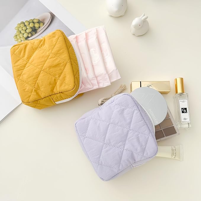 Small Makeup Bag | Discreet Period Bag Pad Pouch for Purse| Sanitary Napkin Storage & Tampon Holder for Travel (Quilted light purple)