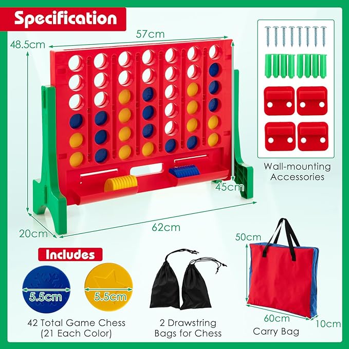 COSTWAY Giant 4 in a Row Game with Storage Carry Bag, Jumbo 4-to-Score Game with Chess, Quick Release Slider for Kids Adults, Indoor Outdoor Backyard, Free-Standing/Wall-mounting (Red&Green)