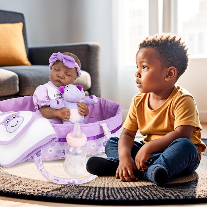 Aori 8 Pcs Reborn Baby Dolls Clothes with Bassinet for 16-18 Inch Reborn Doll, Purple Carrier Bed and Baby Doll Clothes Accessories fit Newborn Girl