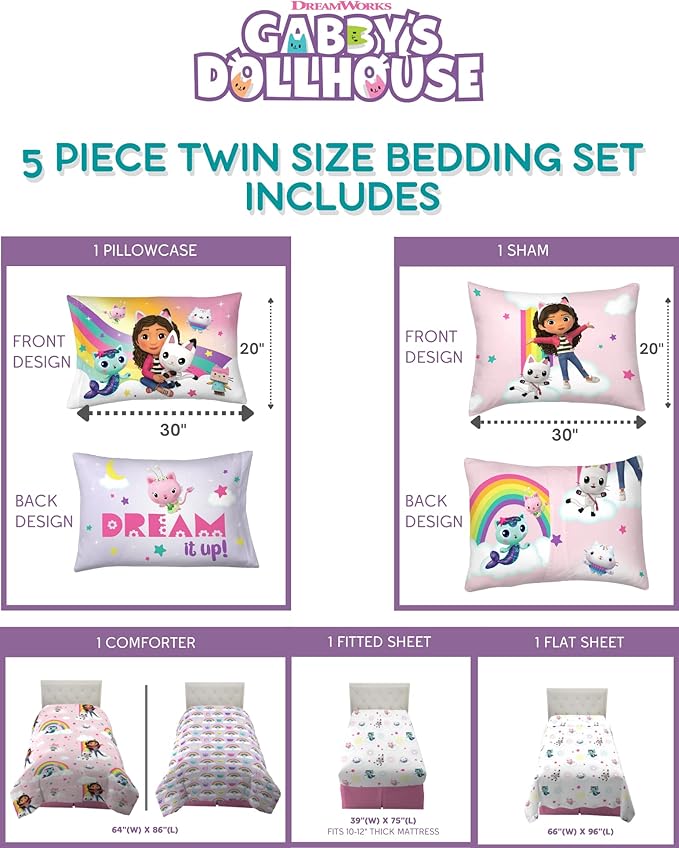 Gabby's Dollhouse Kids Twin Size Bedding, 5 Piece Super Soft Cozy Reversible Comforter and Sheet Set with Sham, (Officially Licensed Product) By Franco