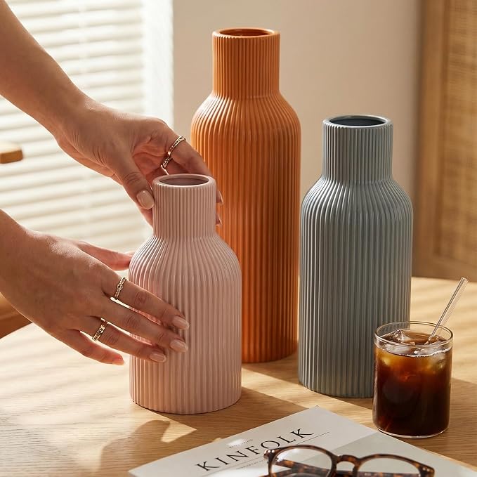 Colorful Ceramic Vases Set of 3, Smooth Round Vertical Ribbed,Minimalist for Pampas Dried & Fresh Flowers, Centerpiece for Living Room, Shelf, Entryway, Wedding(Pink, Blue, Orange)