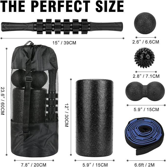 Foam Roller Set - High Density Back Roller, Muscle Roller Stick,2 Foot Fasciitis Ball, Stretching Strap, Massager Ball for Whole Body Physical Therapy & Exercise, Yoga, Back Pain, Leg, Deep Tissue