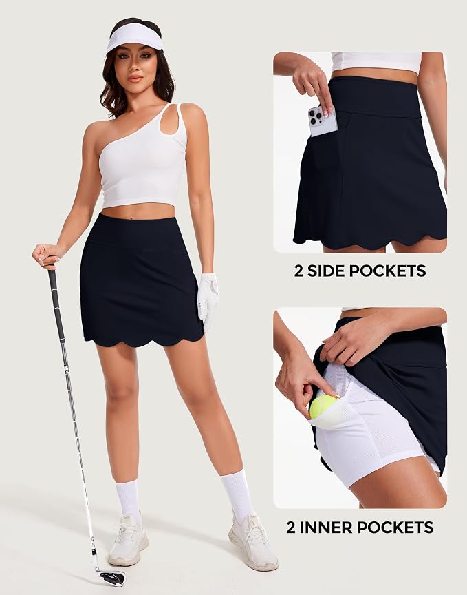 Skorts for Woman with Pockets 16" Golf Athletic Skirts Scalloped Hem Tennis Skirt Dressy Casual
