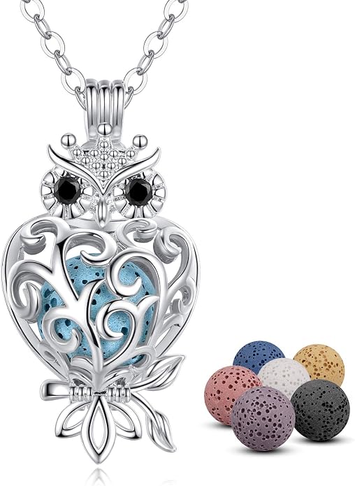 INFUSEU Aromatherapy Gifts Essential Oils Diffuser Jewelry for Women, Cute Animals Pendant Necklaces, 7 Lava Rocks Stones, 24" Chain