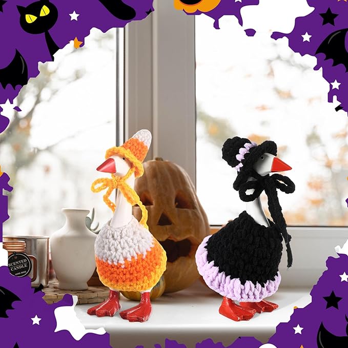 Halloween 7inch Desk Goose Outfits Mini Knitted Costume with Hat for Desk Magnetic Goose Key Holder Halloween Decor (Witch)(2 Sets,Witch and Candy Cone)