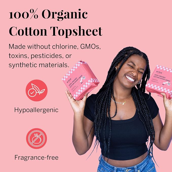Pixie Organic Cotton Panty Liners for Women - Long Wrapped Pantiliners - Light Absorbency & Ultra-Thin - Leak-Proof, Hypoallergenic & Unscented for Feminine Care - Compostable - 88 Count