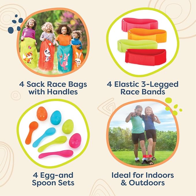 B. toys – 3 Outdoor Games for Kids – Racing Sacks & 3 – Legged Race Bands – Egg – and – Spoon Game – Birthday Party Games – 5 Years + – Outdoor Games Galore