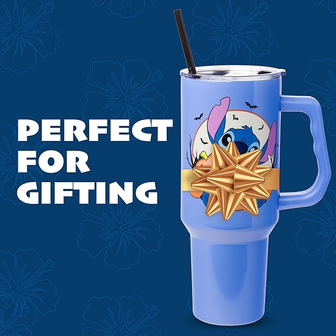 Silver Buffalo Disney Lilo and Stitch Halloween Spooky Pumpkin Jack-O-Lantern Double Walled Stainless Steel Tumbler with Handle and Straw, Fits in Standard Cup Holder, 40 Ounces
