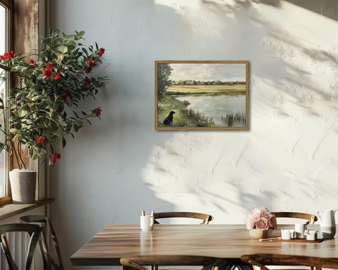 Framed Vintage Hunting Black Dog Wall Art, Rustic Country Nature Landscape Pictures Wall Decor, Farmhouse Animal Paintings Canvas Prints Aesthetic Home Decor for Living Room Bedroom 16x24 inch
