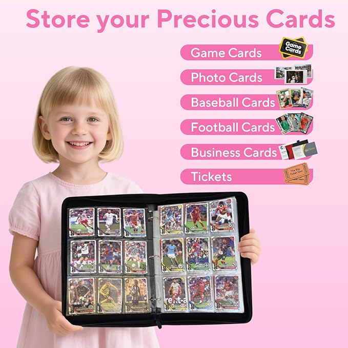 Portable 9-Pocket Trading Card Binder, Holds 1080 Cards with 60 Removable Sleeves Baseball Card Binder, Compact Card Album Organizer for Game & Sports Cards, Pink Color