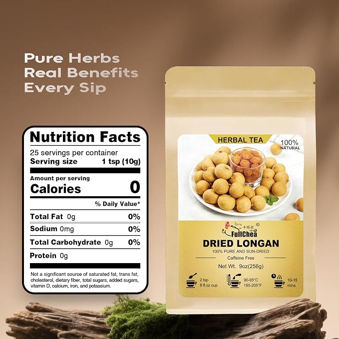 FullChea - Dried Longan, 9oz/256g – Whole Dried Longan Fruit for Tea, Naturally Use in Herbal Tea– Non-GMO - Caffeine-Free - Gently Nourishing – Traditionally Used for Restful Evenings