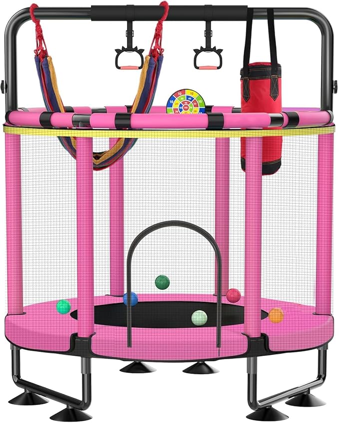 Trampoline for Kids, Upgrade Full Anti-Rust 440lbs Indoor Outdoor Toddler Trampoline with Net, 55" Adjustable Baby Toddler Trampolines Accessories Dart Board