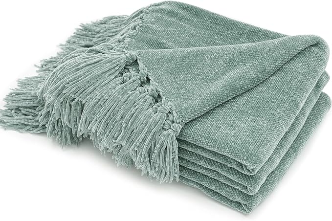 RECYCO Chenille Throw Blanket for Couch, 50"x60", Sage | Super Soft Knit Throw Blanket with Fringe Tassels, Lightweight Knitted Throw, Cozy, Ideal for Sofa Chair Bed Living Room Gift