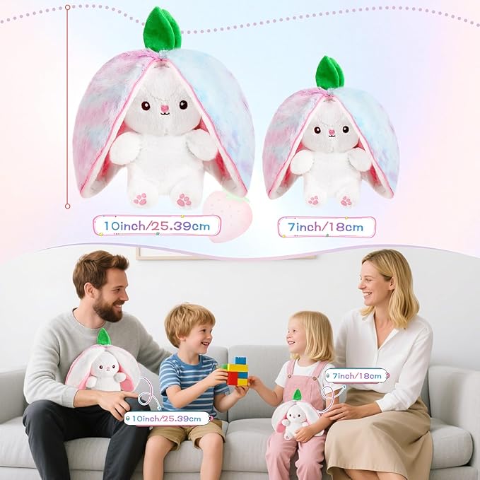 MIAODAM Rainbow Strawberry Bunny Stuffed Animal, Nebula and Strawberry Bunny Plush Turn Into Rabbit Fruit Doll Pillow, Plushie Cute Bunny Toy for Baby and Kids (10 inch)