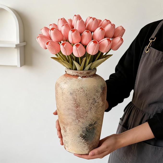 Ceramic Flower Vase, 10.6" Tall Rustic Farmhouse Vase, Decorative Pottery Vase with Glazed Interior for Fresh Flowers, Olive Branches, Mantel, Entryway and Dining Room Decor