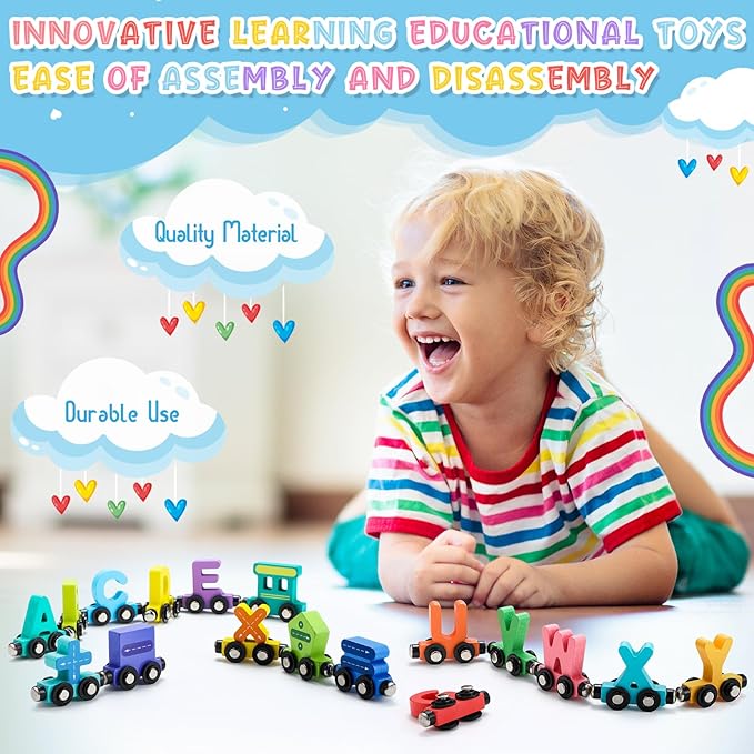 Vinsot 2 Sets Magnetic Wooden Alphabet and Number Train Toys Preschool Educational Activities Learning ABC Number Learning Toys Birthday Gifts for Toddlers Preschool Kids Baby Boys and Girls