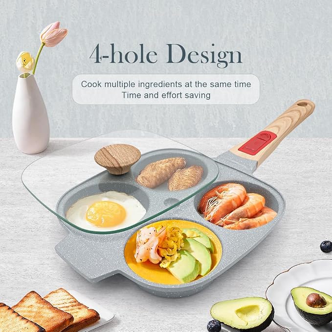 Ceramic Egg Frying Pan with Lid, Nonstick 4 Cup Fried Egg Pan - Blue | Detachable Handle, Omelette Pan Induction Compatible