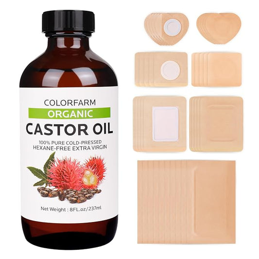 40 Pcs Castor Oil Pack Wrap: Organic Cold Pressed Castor Oil 8Fl Oz with Disposable Patches - Self-Adhesive Anti Leakage Patch for Liver Stomach Belly Button