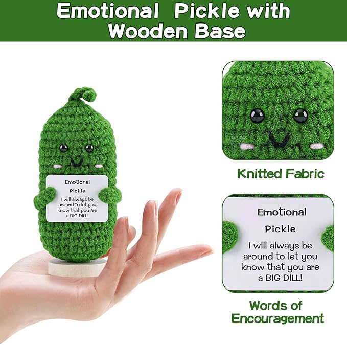 Hoedia Crochet Pickle Dolls Friend Birthday Valentines Gifts for Her Women Wife Girlfriend Sister from Husband Men, Cute Funny Gifts for Coworkers Student Teacher Roommates (Pickle with Base)
