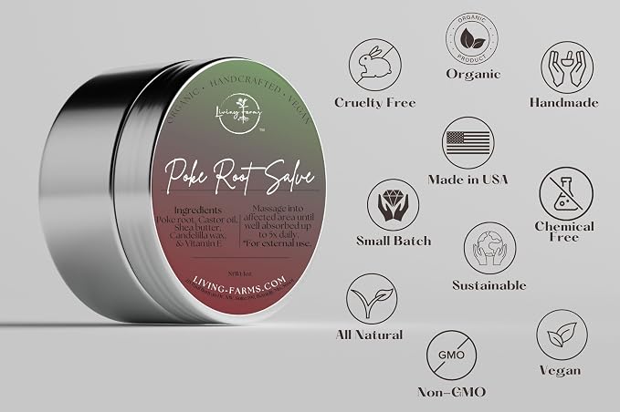 Poke Root & Castor Oil Salve -1oz- Cysts, Boils, Fibroids, Swollen Lymph Nodes, Breast & Joint - Vegan Lymphatic Support Massage Balm - Natural Deep Tissue Ointment - Handmade in The USA
