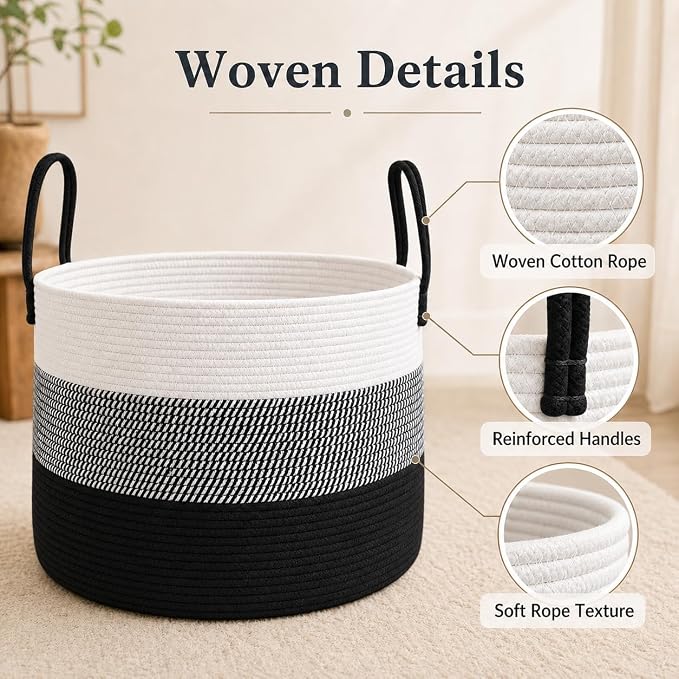 JMvicyroam 115L Extra Large Machine Washable Cotton Rope Blanket Basket | Collapsible laundry hamper, Reinforced handles, For blankets,pillows,toys and clothes, Living room and bedroom,White&BlackMix
