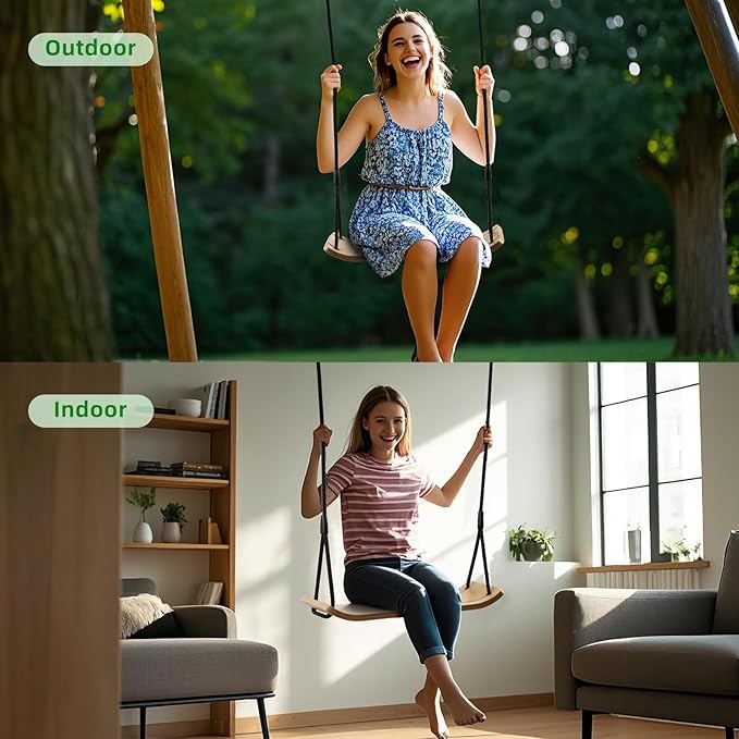 PELLOR Birch Wood Tree Swing - 330lbs Load, 20.8"x7.8" Swing Seat for Adults&Kids, 59-86" Adjustable Nylon Rope, Indoor/Balcony Outdoor Swing for Parent-Child Interaction