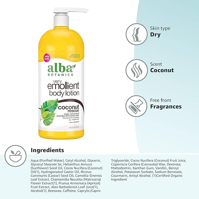 Alba Botanica Daily Moisturizing Lotion,Dry to Very Dry Skin,with Shea Butter and Coconut Oil,32 Oz (Packaging May Vary),(Pack of 2)