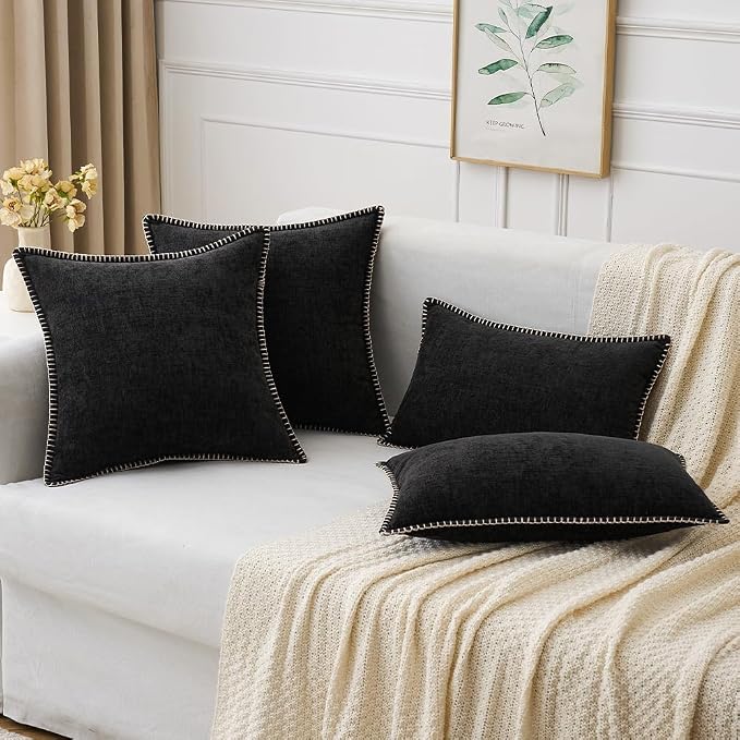 MIULEE Decorative Lumbar Throw Pillow Covers 12x20 Inch Black 2 Pack | Farmhouse Pillow Covers with Stitched Edge, Soft Chenille Cushion Cases, for Couch Sofa Bed Living Room Home Decor