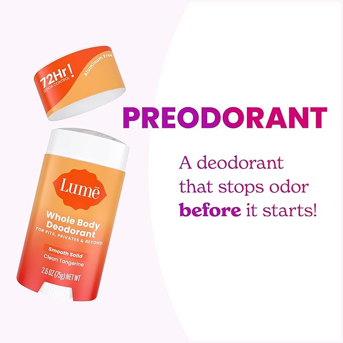 Lume Whole Body Deodorant - Smooth Solid Stick - 72 Hour Odor Control - Aluminum Free, Baking Soda Free and Skin Loving - 2.6 Ounce (Pack of 3) (Clean Tangerine)