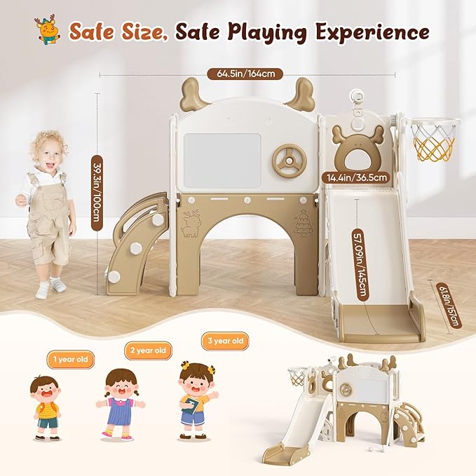Toddler Slide, 10 in 1 Toddler Playset - Upgrade with Kids Slide, Drawing Board, Golf Set, Basketball Hoop and Storage Space for Age 1-3, Indoor and Outdoor Playground