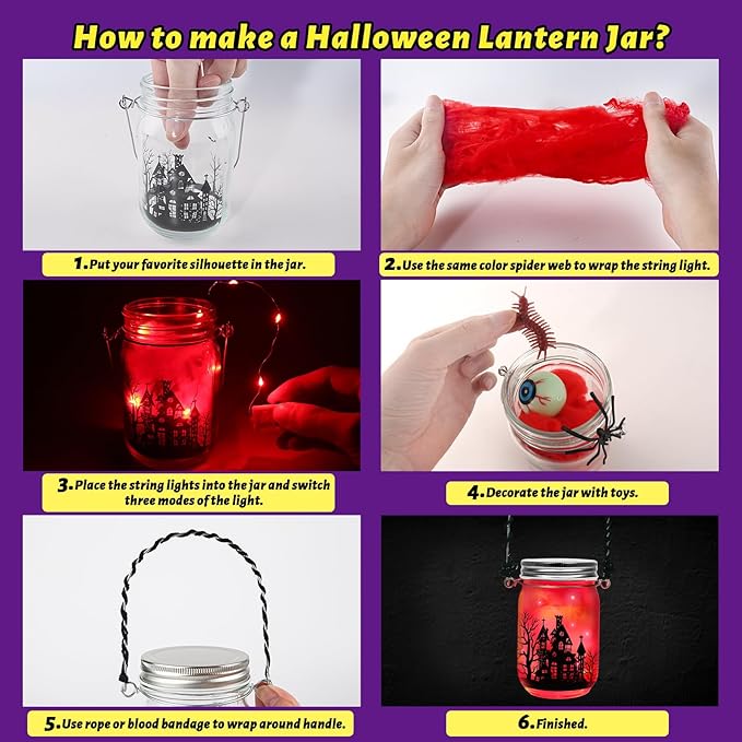 Halloween Crafts for Kids, 12 PCS Mason Jar with Accessories for DIY Craft & Art Party Favor Supplies, Halloween Decoration Trick or Treat, Classroom Art Activities