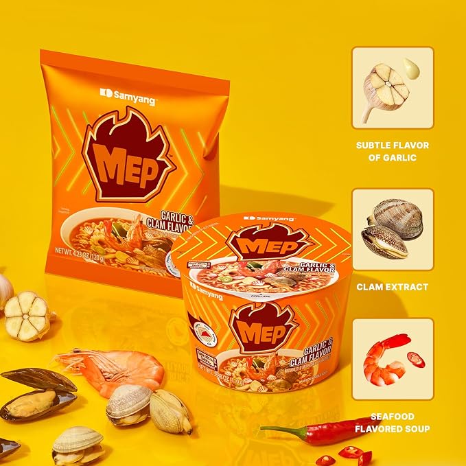MEP Garlic Clam Bone Broth Korean Spicy Ramen Noodle Soup, 3.88 oz 4-Pack | ENHYPEN Pick; Refreshing garlic-clam seafood bone broth; Chewy qq-texture noodles; Stovetop easy-cook family pack