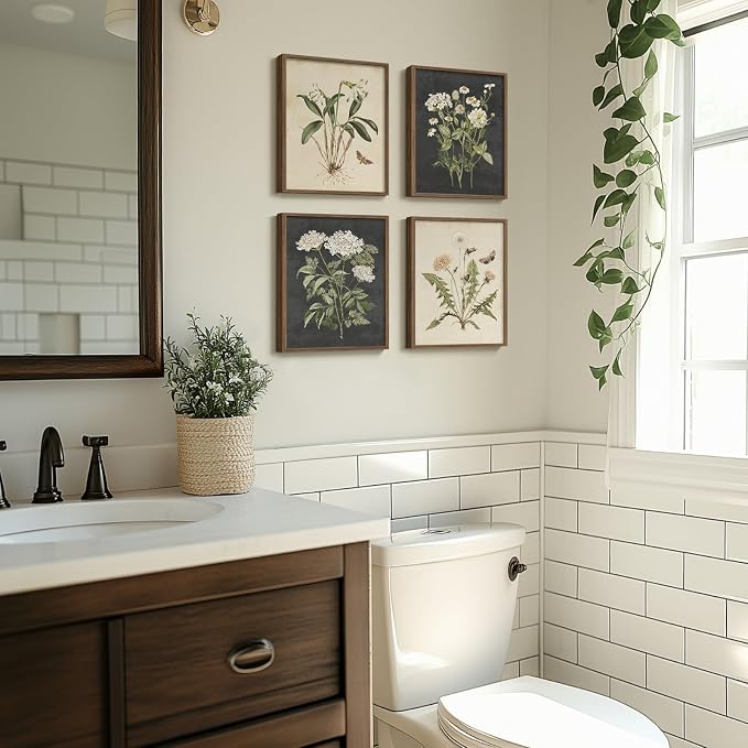 Framed Vintage Botanical Floral Wall Art for Bathroom, 4 Piece 8x10 In | Farmhouse wall decor, Flower pictures, Rustic retro paintings, Ready to hang canvas prints, Kitchen bedroom home decor