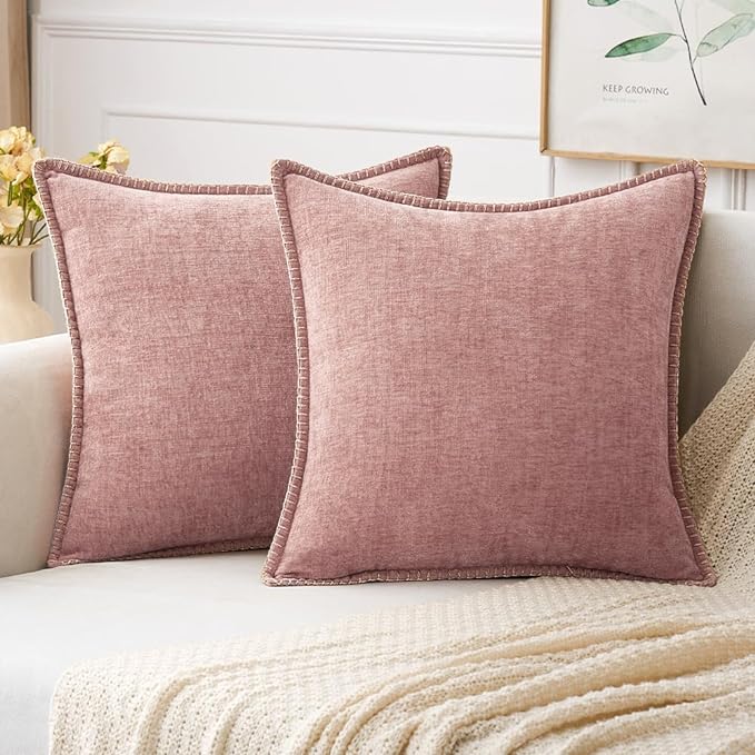MIULEE Decorative Couch Throw Pillow Covers 18x18 Inch Blush Pink 2 Pack | Farmhouse Pillow Covers with Stitched Edge, Soft Chenille Cushion Cases, for Sofa Bed Living Room Home Decor