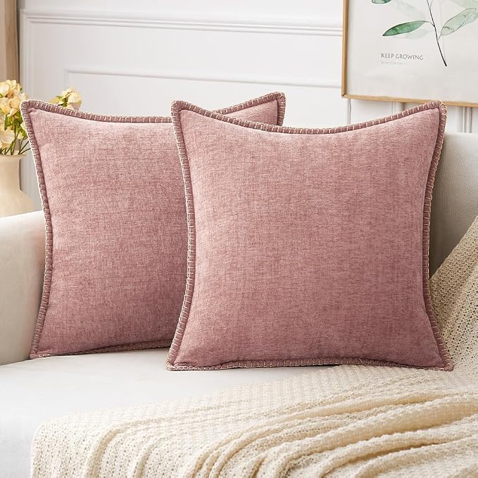 MIULEE Decorative Euro Sham Pillow Covers 24x24 Inch Blush Pink 2 Pack | Farmhouse Throw Pillow Covers with Stitched Edge, Soft Chenille Cushion Cases, for Couch Sofa Bed Living Room Home Decor