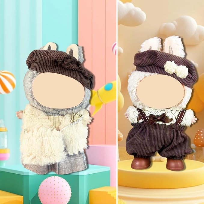 Doll Clothes for Labubu,Cute Outfit for 17cm Doll Clothe 2/3PCS Clothes and Hats Stylish Dolls Clothe for 17 cm Labubu,Casual Style Costumes for Labubu Dolls (Brown hat Set)