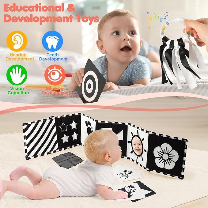 URMYWO 10 Pcs High Contrast Black and White Baby Toys for Newborn, Tummy Time Mirror, Rattle, Teether, Visual Stimulation Learning Cards, Sensory Toys for 0-6 Months, Baby Boy Girl Valentines Gifts