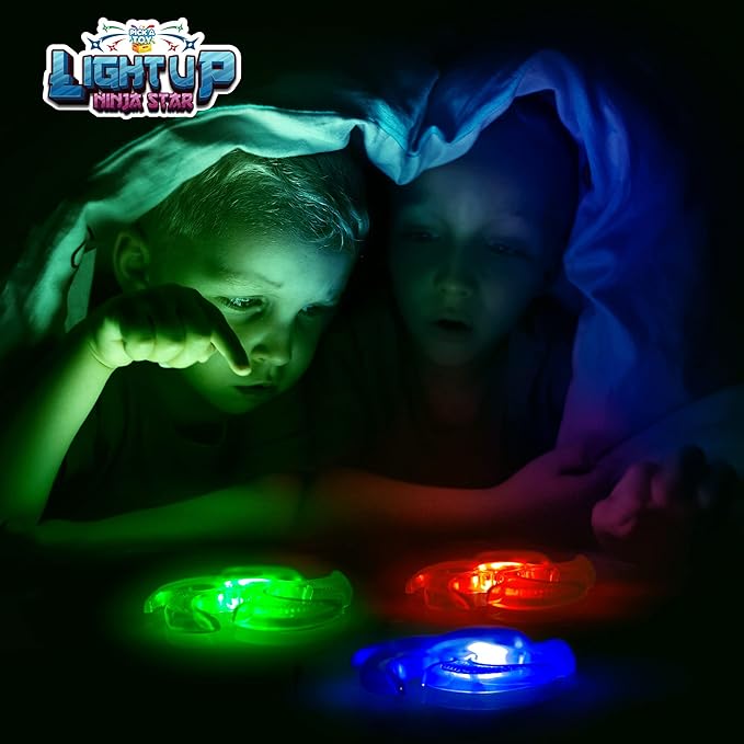 PICK A TOY Light Up Ninja Flyers Set, 3 LED Electronic Stars, Heavy Duty Rubber Throwing Discs, Fun and Interactive Kids Toys for Tossing, Games, and Play, 3 Colors, Includes Gift Box