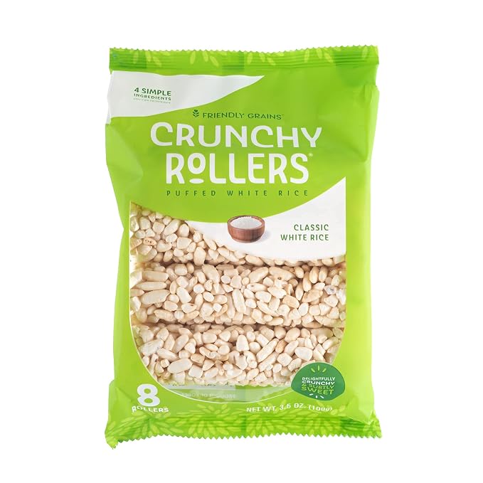 Friendly Grains - Crunchy Rollers - Sweet Rice Snacks, Crispy Puffed Rice Rolls, Healthy Snack Rolls for Adults and Kids - Classic White Rice - 3.5 oz Individual Packs (4 Packs of 8)