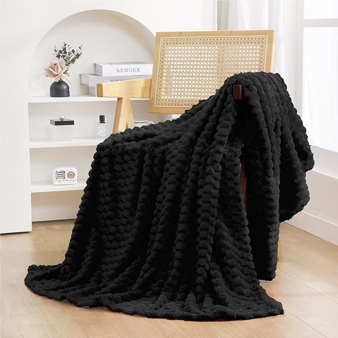 Puncuntex Black Throw Blanket 108"×90" inches Fuzzy 3D Jacquard Decorative | Flannel Fleece Super Soft Plush Cozy Blanket for Couch Sofa Chair Lightweight