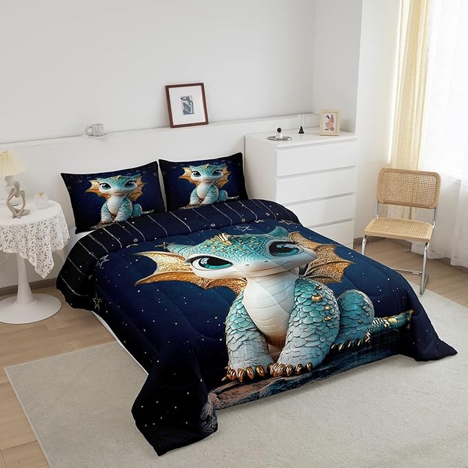 Feelyou Dragon Comforter Set King Size Dragon Stuff Comforter for Boys Girls Teens Wild Life Bedding Set Dragon Decor Duvet Set Room Decor Navy Blue Quilt Set