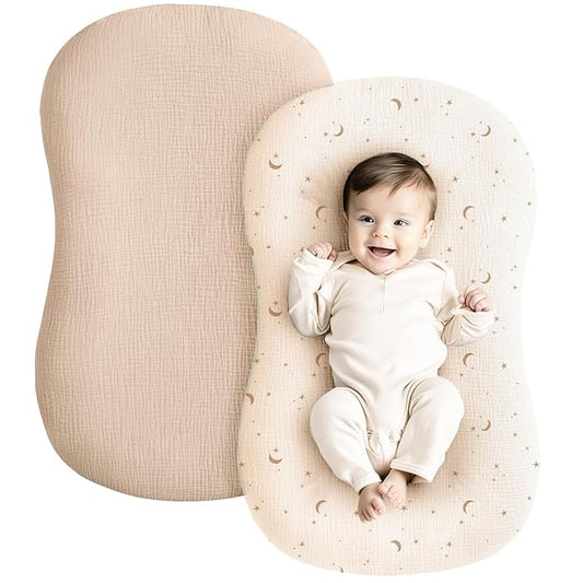 Konssy Muslin Baby Lounger Cover 2 Pack, 100% Cotton Newborn Lounger Cover, Soft and Breathable Baby Nest Slipcover for Boys Girls (Wheat,Moon)