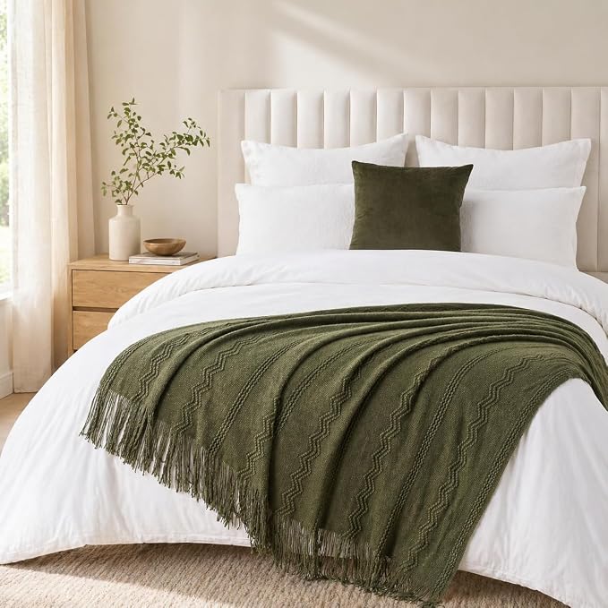 BATTILO HOME Olive Green Throw Blanket for Couch, 50"x60" | Dark Green Blanket with Tassels for Home Decor, Decorative Knitted Throw Blanket for Couch Cover