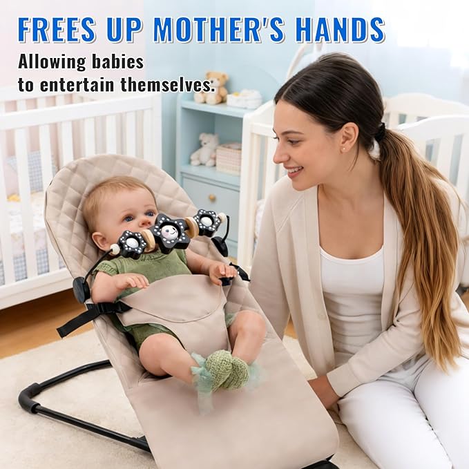 KENKYO Wooden Baby Bouncer Toy Bar Compatible with Baby Bjorn, Rotatable Bouncer Toy Attachment, Funny Sensory Toy for Newborn to Toddler, Easy to Attach and Remove (Black)