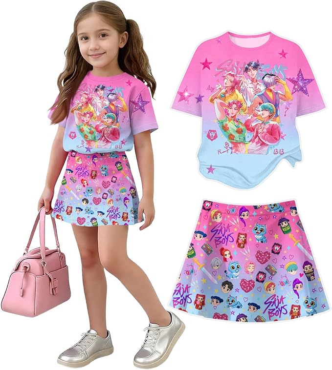 HTHLVMD K Pop Short Sleeve T-Shirt and Skirts Outfits Set for Girls Hunters Rumi Mira Zoey Graphic Tees De-Mon Costume