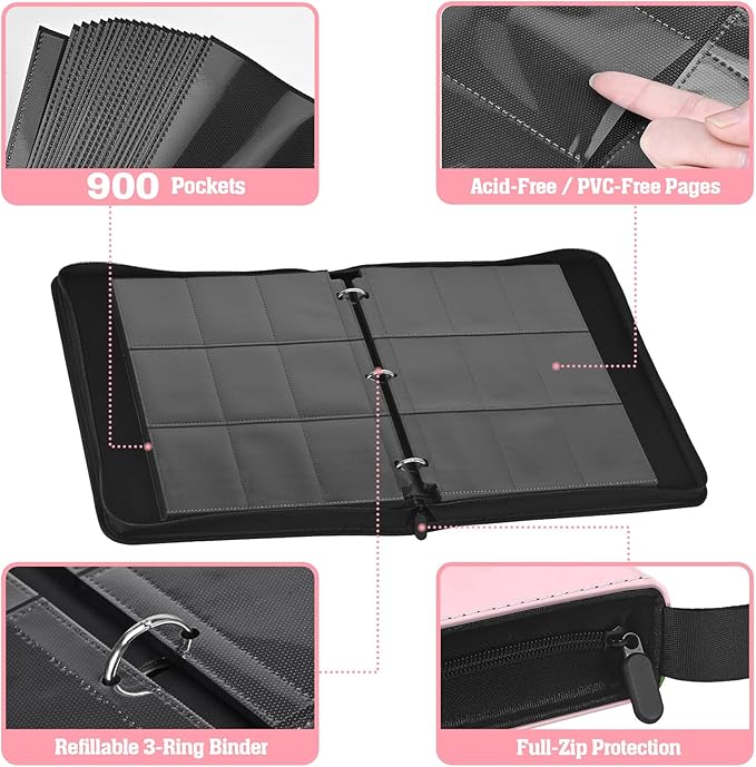 Trading Card Binder for TCG, 900 Pockets, 9-Pocket Top-Loading Pages, 3-Ring Zippered Album, Acid-Free PVC-Free, Fits Standard 2.5" x 3.5", PU Cover with Wrist Strap, Cute Cat Design
