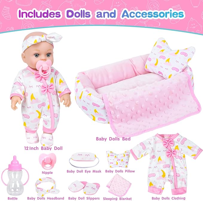 12 Inch Baby Doll Crib Playset with Dolls Clothes and Accessories Including Soft Sleep Bassinet Bed, Bottles, Nipple, Eye Mask, Slippers, Blanket, Pillow, Gift Idea for Ages 3+