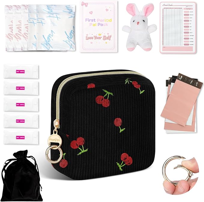 First Period kit for Girls, Corduroy Cute Sanitary Napkin Storage Bag, Menstrual Pad Bag Tampon Holder for Purse, First Period Gifts (Cherry-Black)